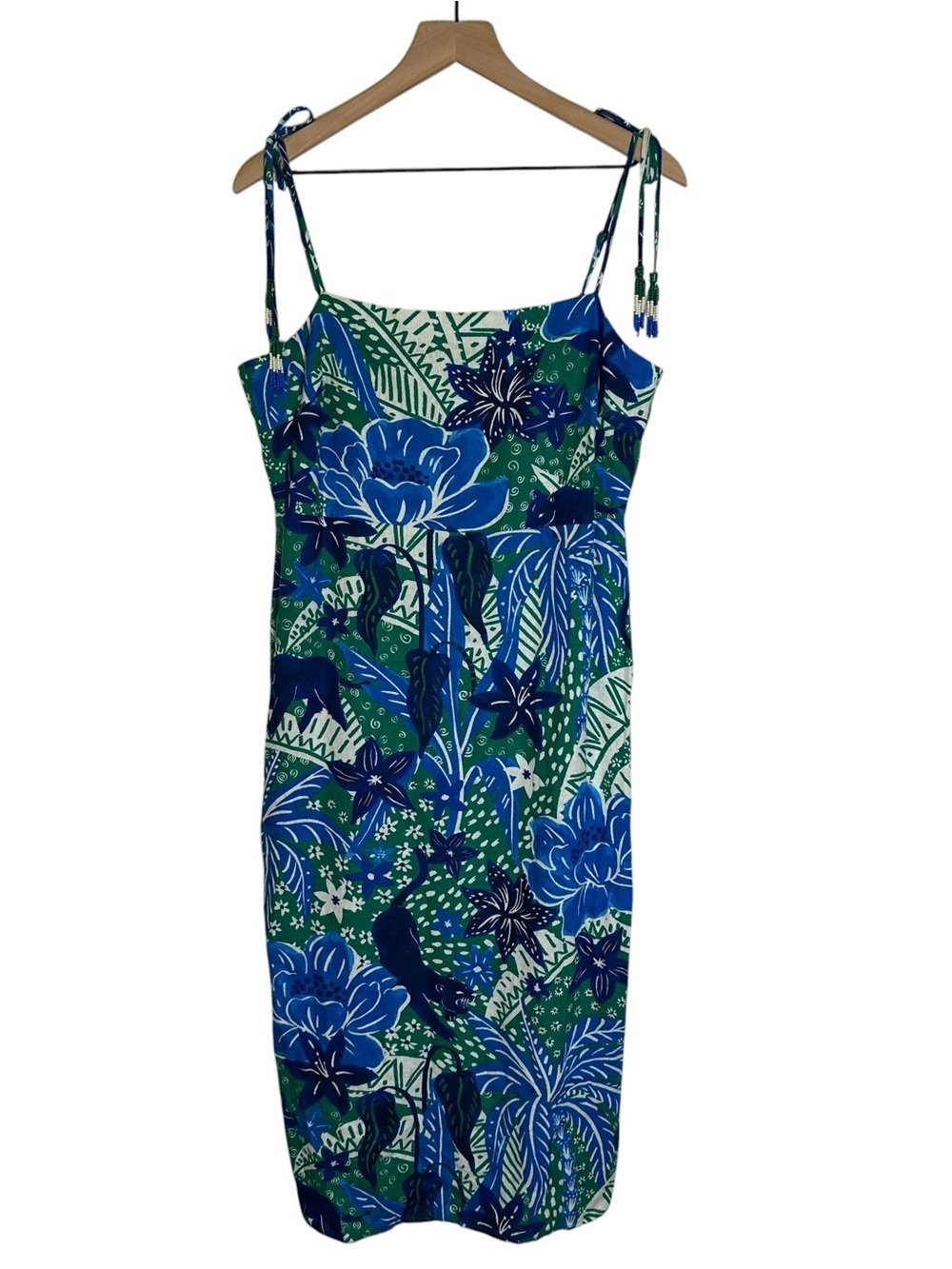 RACHEL ZOE Tropical Floral Panther Smocked Midi Dress Women Large Resort Beach